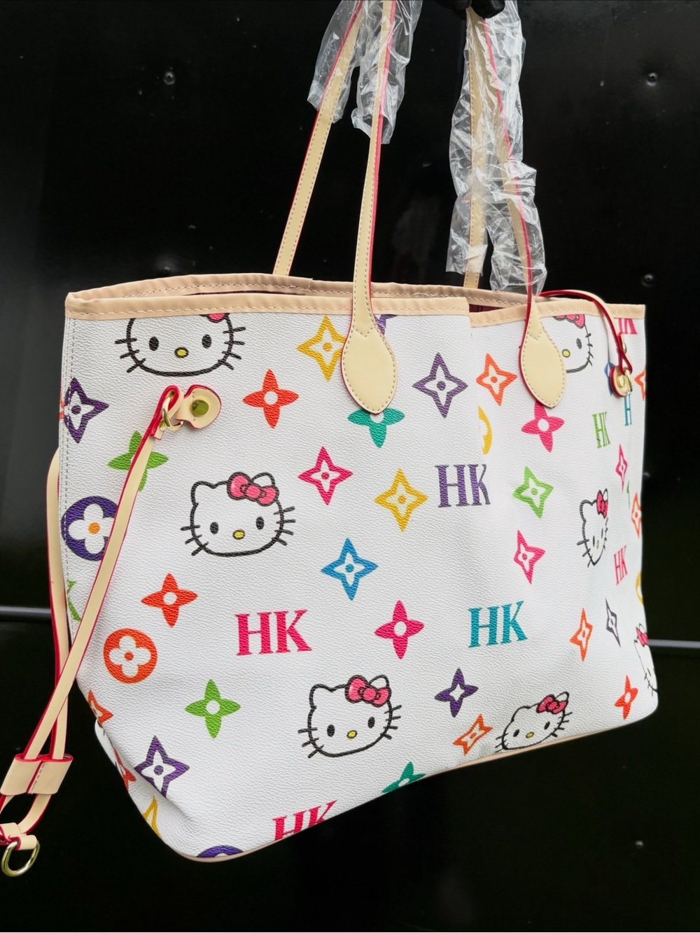 Hello Kitty White Multicolor Logo Print Tote with Cream Handles